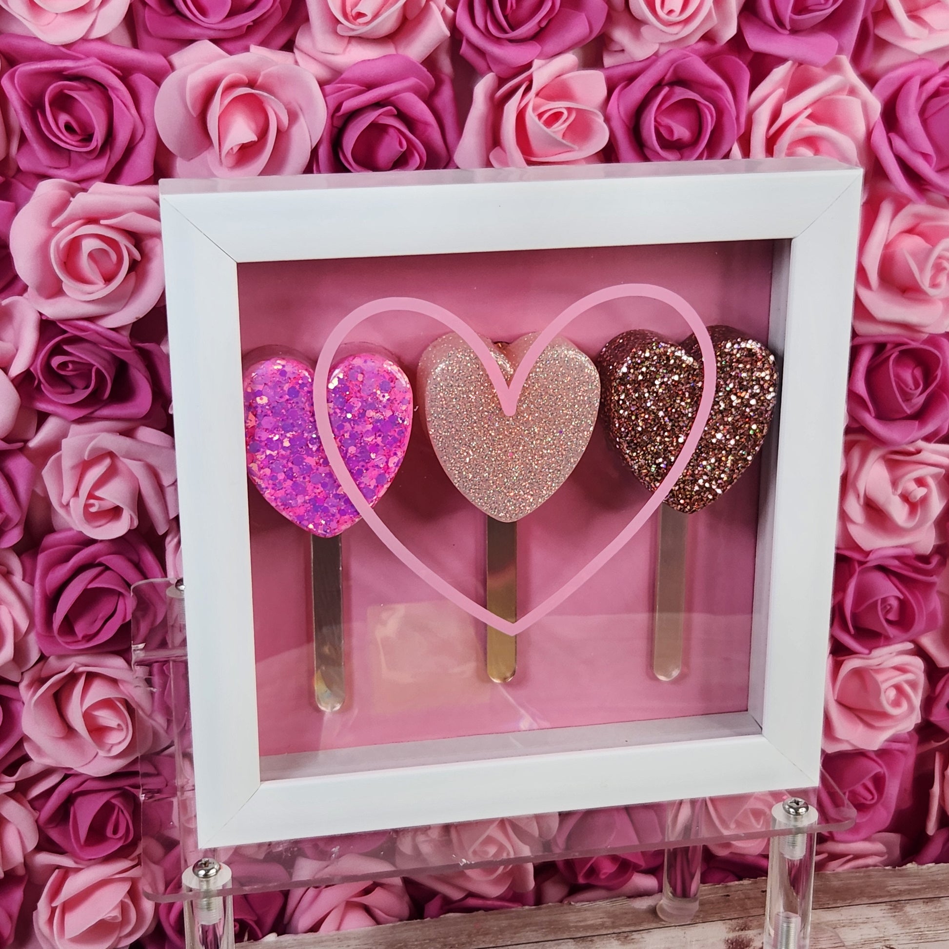 Pink & Rose Gold Heart Popsicle Shadow Box and Wall Art. Pink Glitter Epoxy Resin Popsicle Wall Decor. Glam Home Decor. Nursery Decor - Glamorous Beauty & Boutique