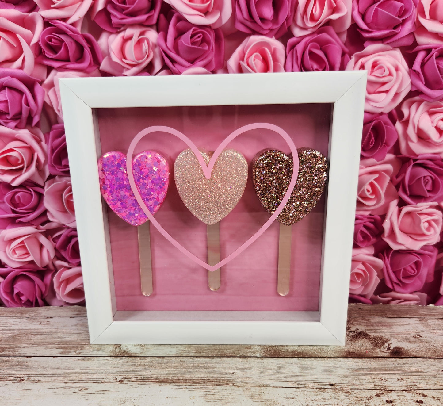 Pink & Rose Gold Heart Popsicle Shadow Box and Wall Art. Pink Glitter Epoxy Resin Popsicle Wall Decor. Glam Home Decor. Nursery Decor - Glamorous Beauty & Boutique