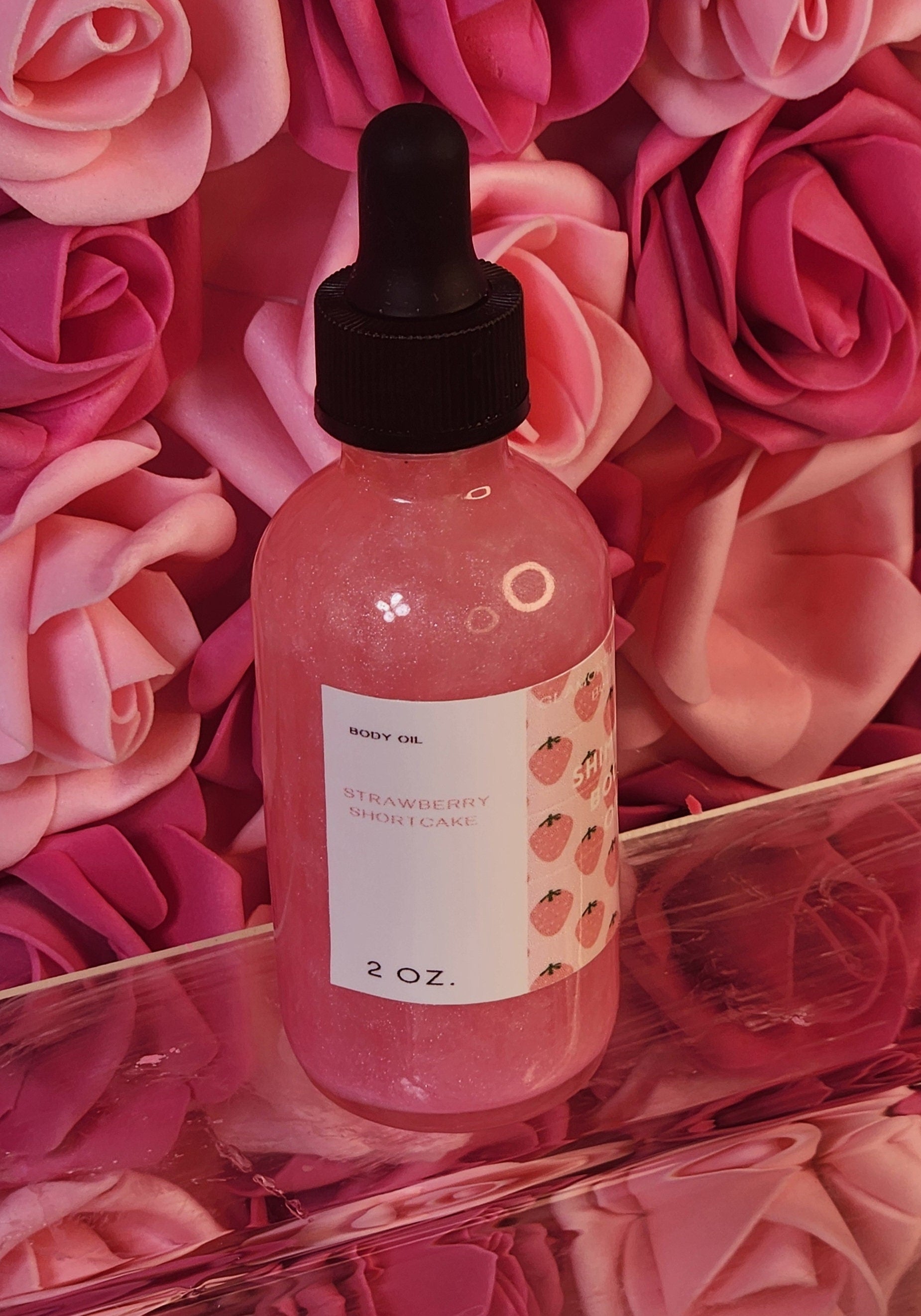 Strawberry Shortcake All Natural Pink Shimmer Body Oil. Luxurious and Moisturizing Body Oil for Dry or Normal Skin. Massage Oil. - Glamorous Beauty & Boutique