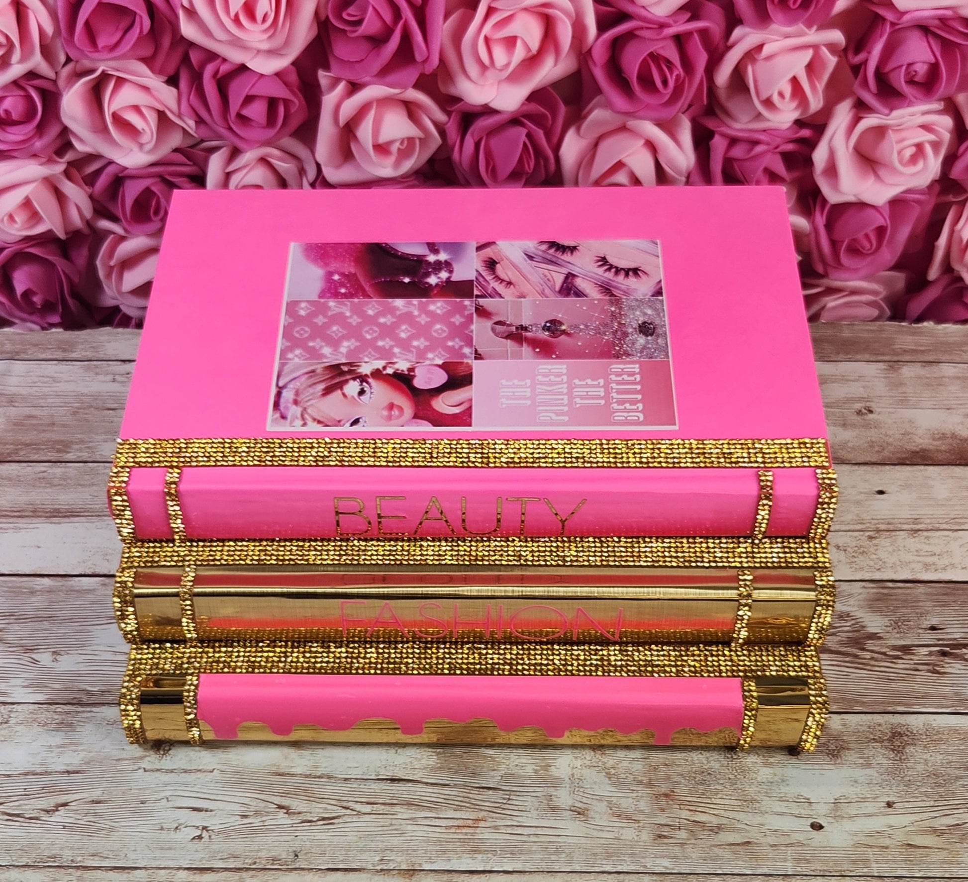 Pink book stack, glam book stack, glam Decor, coffee table decor, decorative books, fashion book stack, silver book stack, handmade book stack, pink decor, bling books, makeup Room Decor, boss babe book stack, girl boss