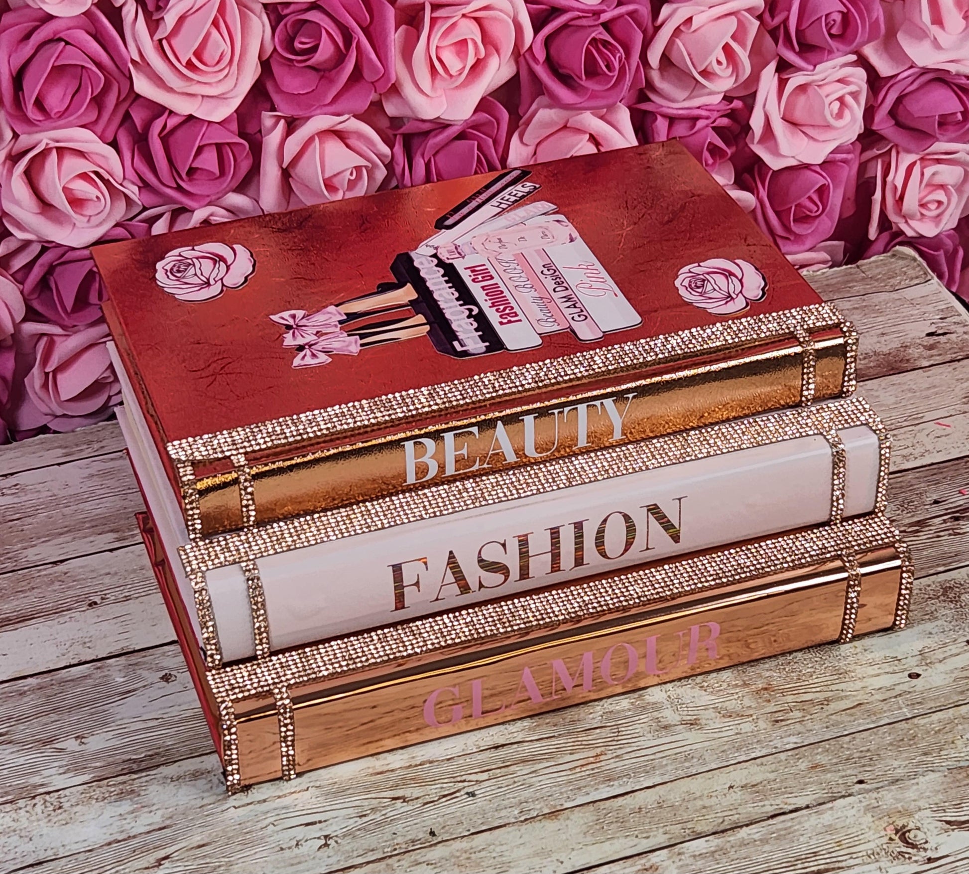 Pink book stack, glam book stack, glam Decor, coffee table decor, decorative books, fashion book stack, silver book stack, handmade book stack, pink decor, bling books, makeup Room Decor, boss babe book stack, girl boss, rose gold book stack 