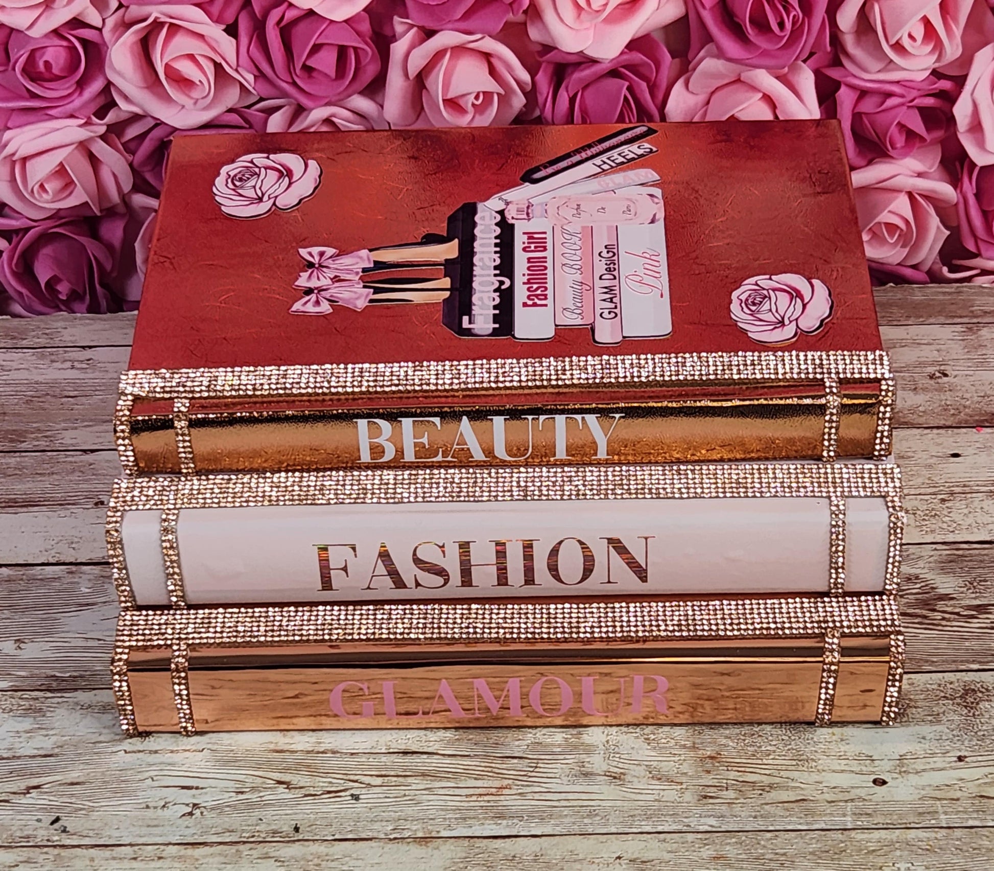 Custom Glam Coffee Table Book Stack (Set of 3). Pink, Rose Gold & Metallic Rose Gold Books, Bling Decor, Glam Decor. Makeup Room Decor - Glamorous Beauty & Boutique