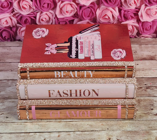 Custom Glam Coffee Table Book Stack (Set of 3). Pink, Rose Gold & Metallic Rose Gold Books, Bling Decor, Glam Decor. Makeup Room Decor - Glamorous Beauty & Boutique