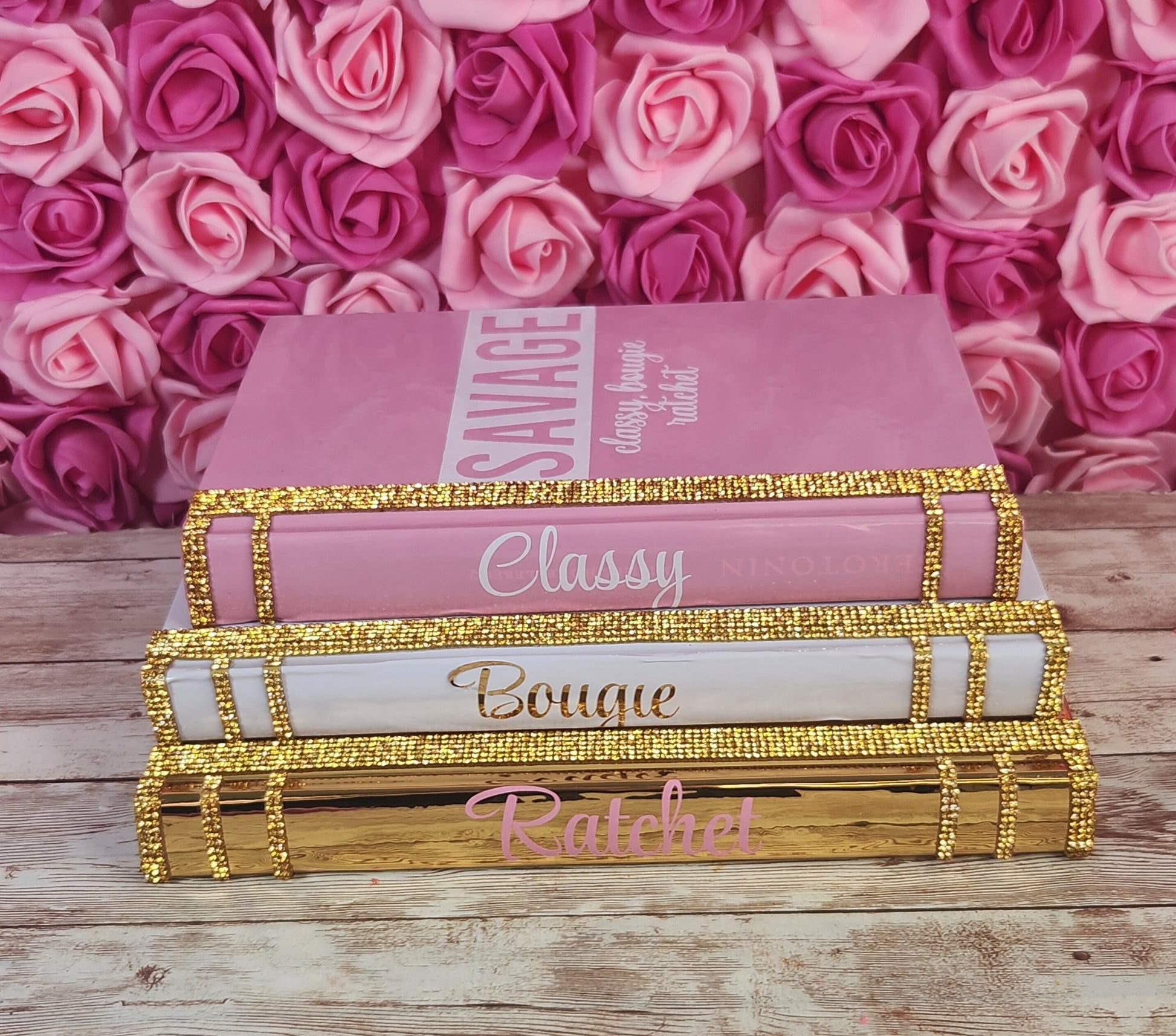 Coffee Table Book Stack (Set of 3). Glam Book Stack. Metallic Gold, White & Pink Books. “Classy, Bougie, Ratchet” Savage. Makeup Room Decor - Glamorous Beauty & Boutique