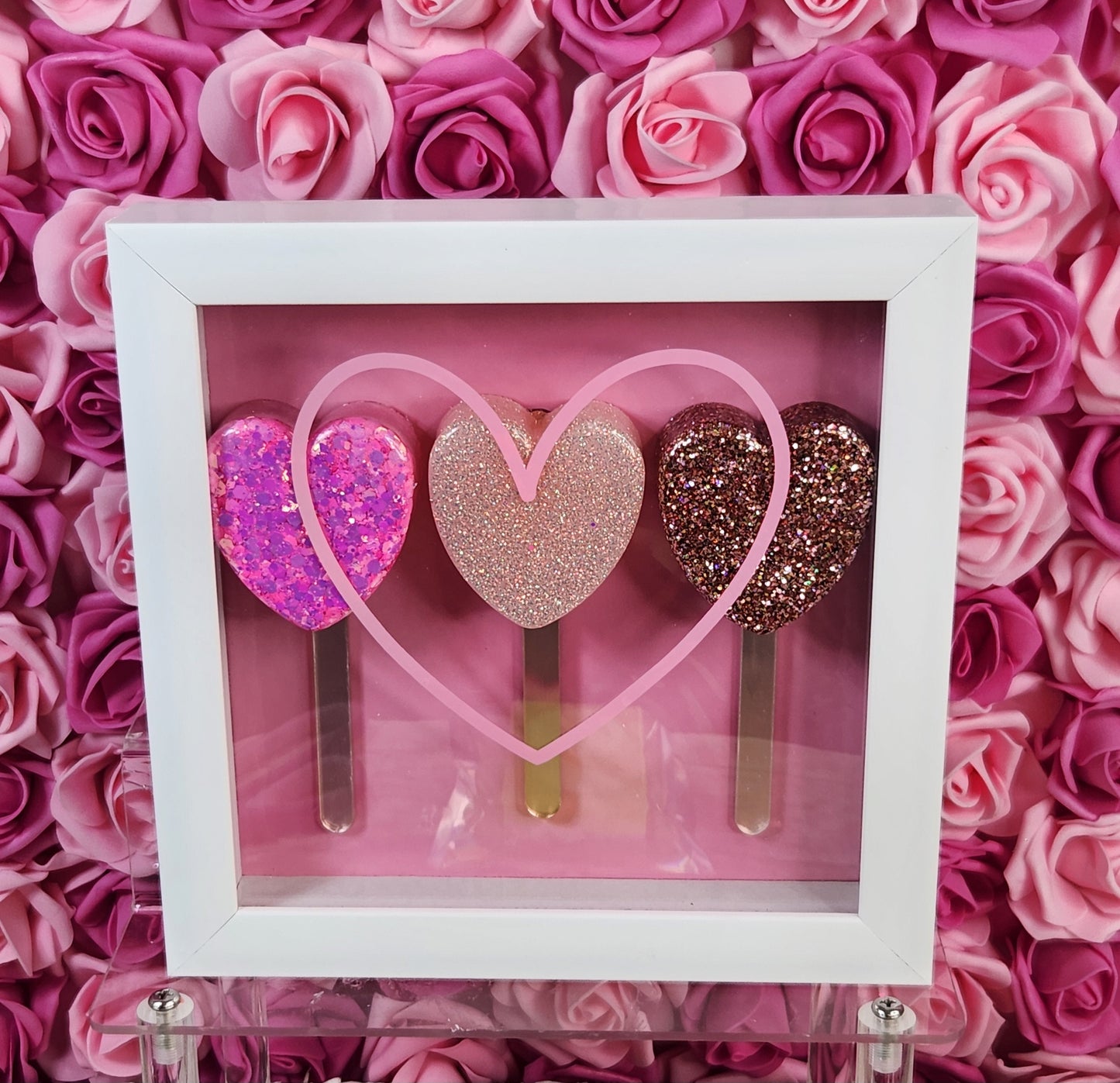 Pink & Rose Gold Heart Popsicle Shadow Box and Wall Art. Pink Glitter Epoxy Resin Popsicle Wall Decor. Glam Home Decor. Nursery Decor - Glamorous Beauty & Boutique