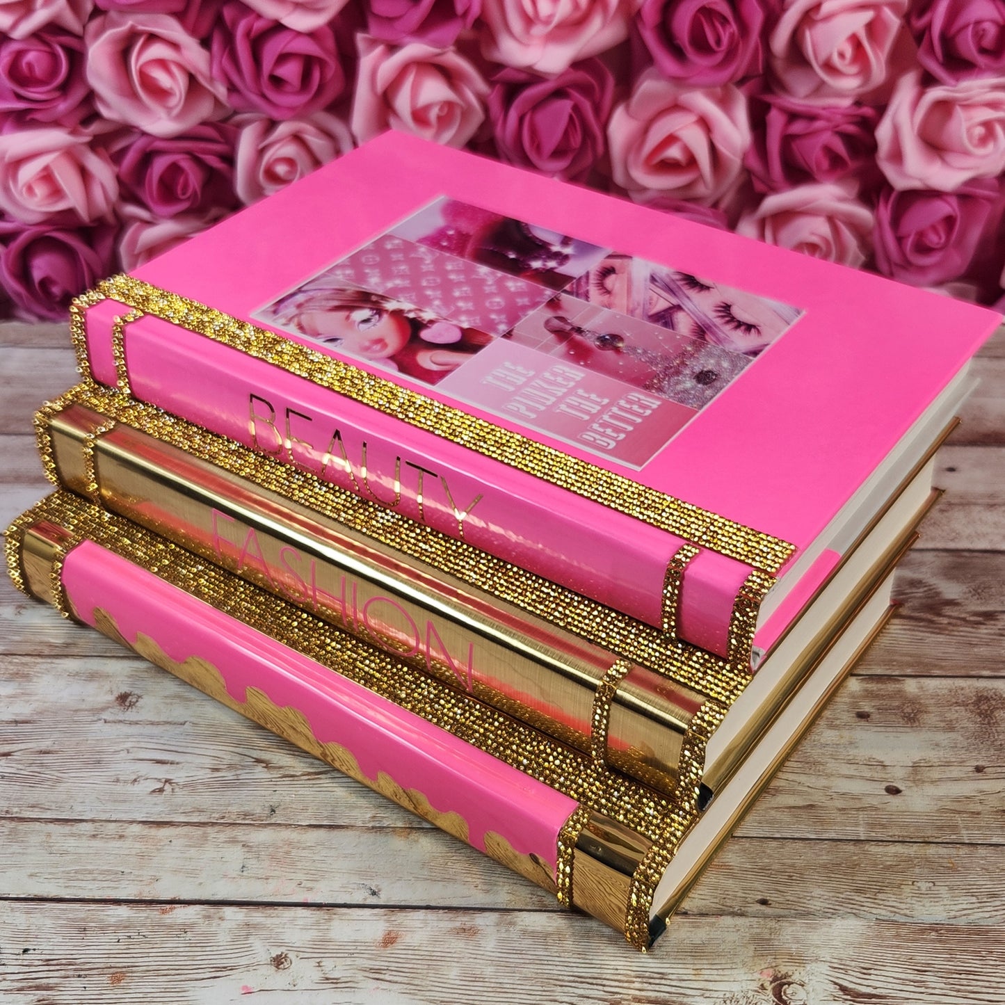 Pink book stack, glam book stack, glam Decor, coffee table decor, decorative books, fashion book stack, silver book stack, handmade book stack, pink decor, bling books, makeup Room Decor, boss babe book stack, girl boss