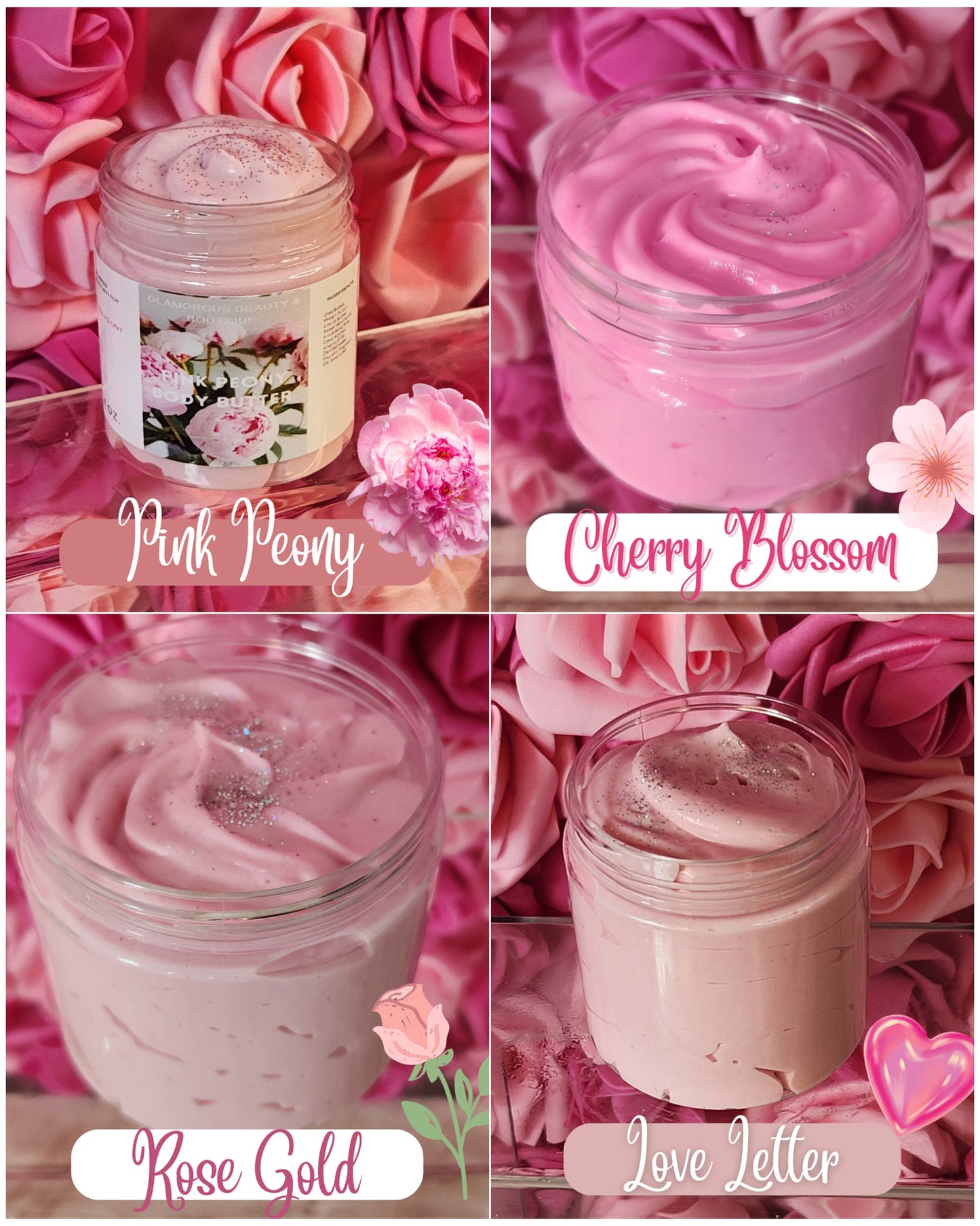 Floral Scents: Whipped Body Butter Bundle of 4. Handmade Shea, Cocoa & Mango Butter Body Butter Set. Rose Gold, Cherry Blossom, Pink Friday - Glamorous Beauty & Boutique