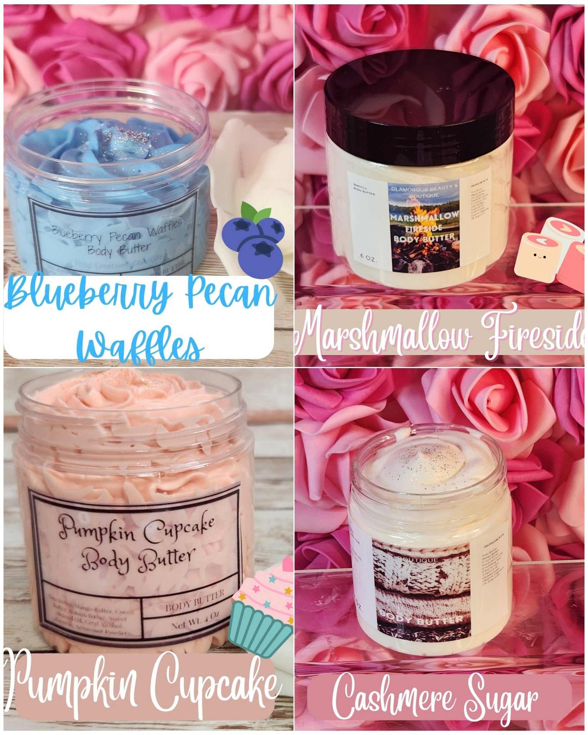 Fall Edition: Whipped Body Butter Bundle of 4. Handmade Shea, Cocoa & Mango Butter Body Butter Set. Cashmere Sugar, Blueberry Pecan Waffles - Glamorous Beauty & Boutique