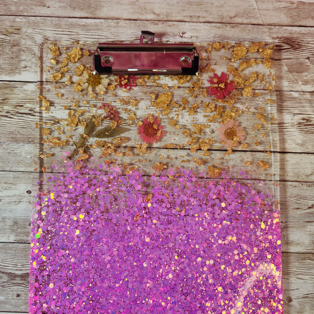 Pink Pressed Flowers, Gold Foil & Glitter Clipboard for Medical Professionals. Epoxy Resin Clipboard for Nurses. RN, PCT, APRN Accessories - Glamorous Beauty & Boutique