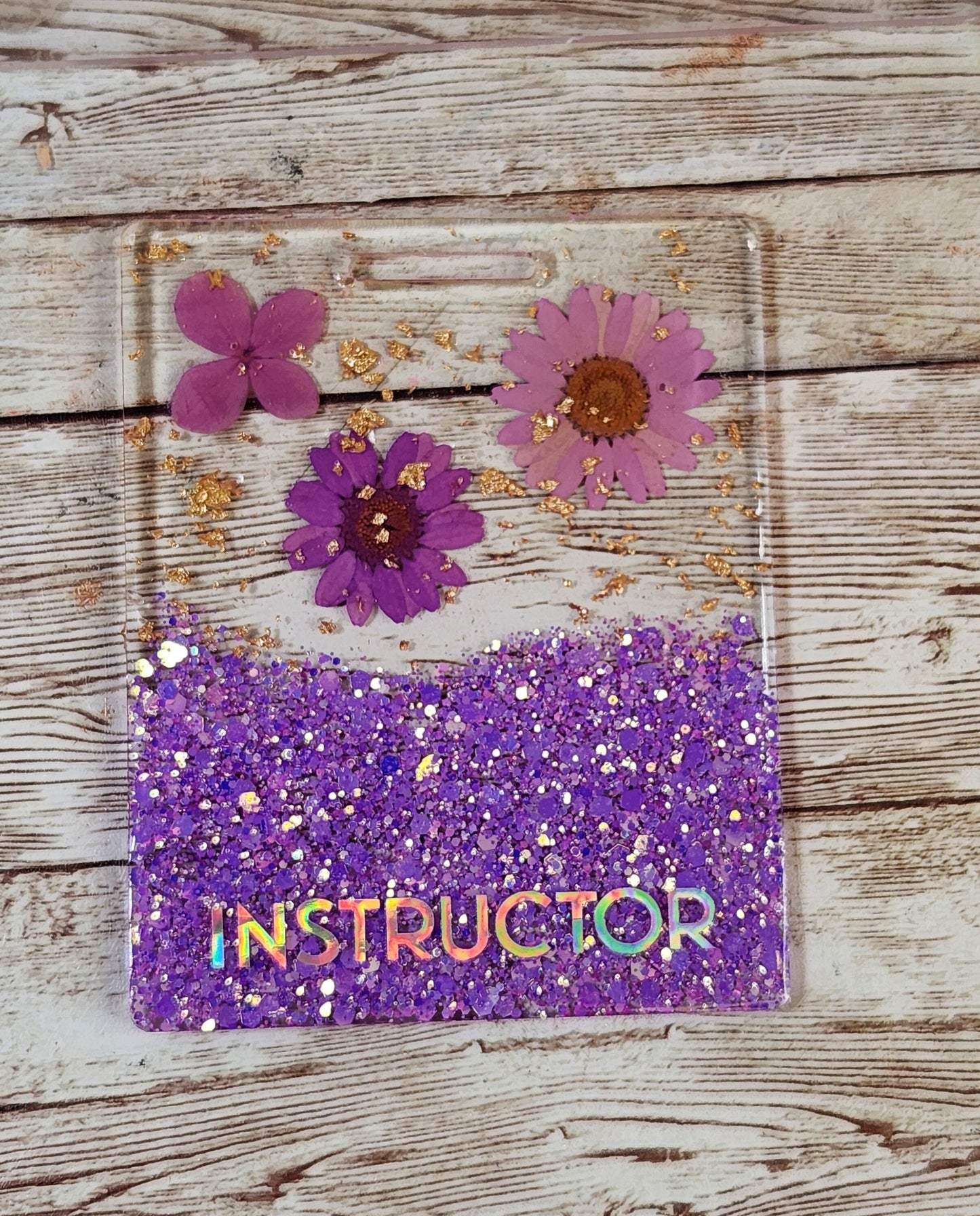 Purple Presed Flower & Glitter Horizontal Badge Buddy for Medical Professionals. RN Nurse Badge Buddy. Acrylic and Resin Glitter Badge Buddy - Glamorous Beauty & Boutique