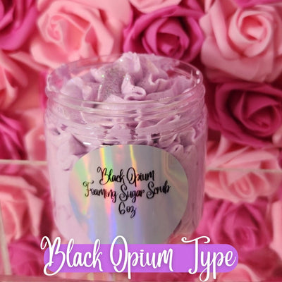 Black Opium Type Foaming Exfoliating Shea Butter Sugar Scrub. Handmade Shea Butter Whipped Soap & Body Scrub in One. - Glamorous Beauty & Boutique