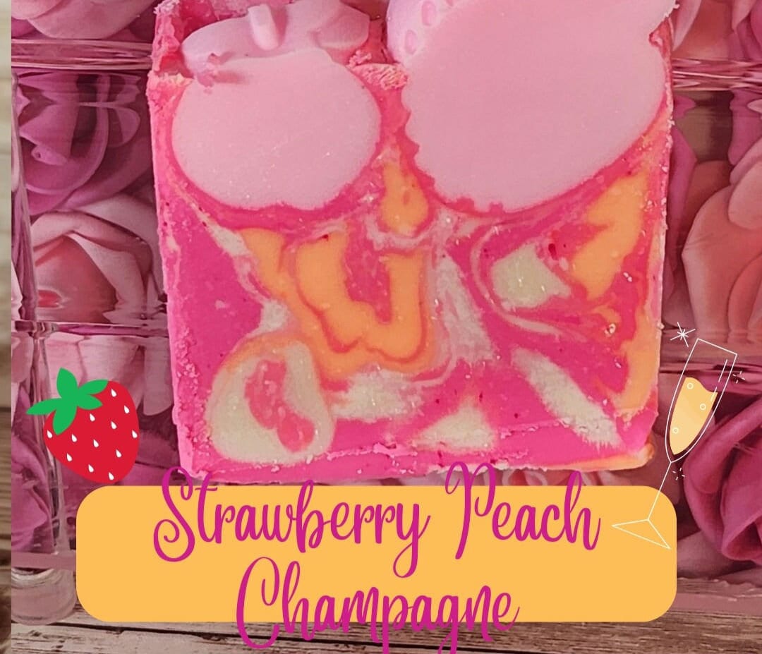 Strawberry Peach Champagne Organic Cold Process Swirl Soap. Handmade All Natural Handcrafted Soap. Cute Swirl Soap! - Glamorous Beauty & Boutique