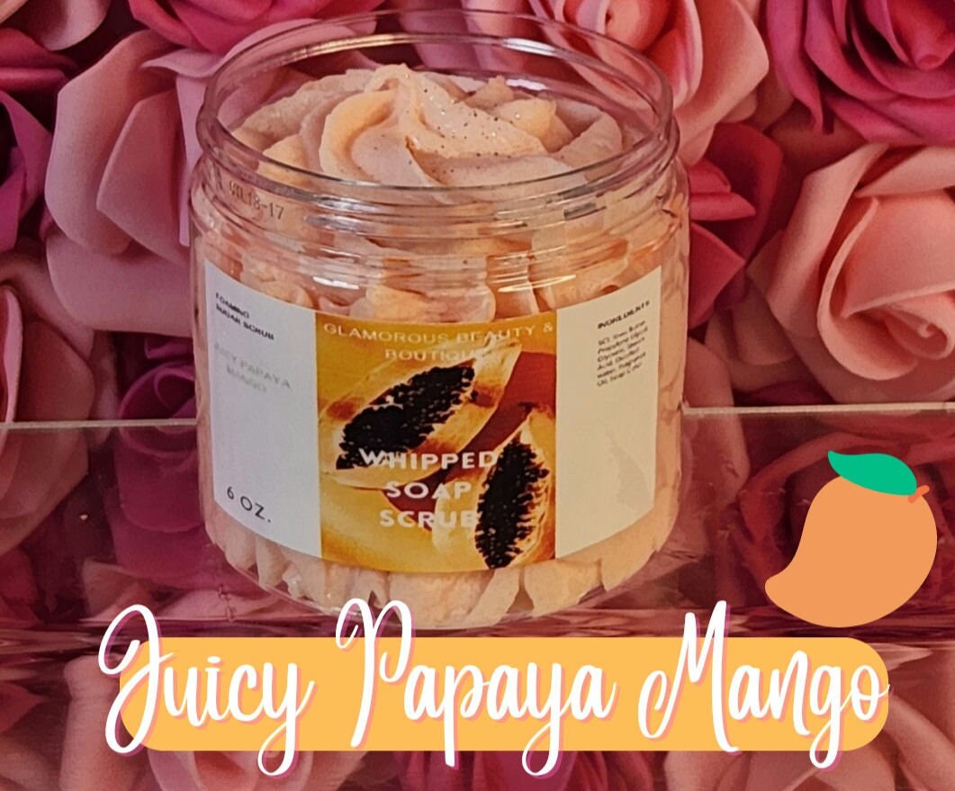 Juicy Papaya Mango Foaming Exfoliating Whipped Sugar Scrub. Handmade Whipped Shea Butter Soap & Body Scrub in One. - Glamorous Beauty & Boutique