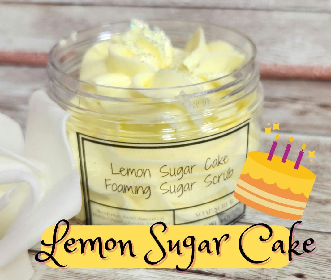 Lemon Sugar Cake Foaming Sugar Scrub. Exfoliating Shea Butter Sugar Scrub. Handmade Whipped Soap & Body Scrub in One. Whipped Soap Scrub - Glamorous Beauty & Boutique