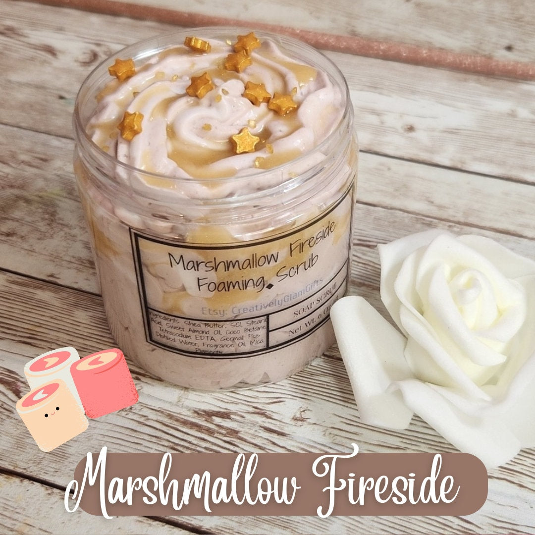 Marshmallow Fireside BBW Type Whipped Foaming Sugar Scrub. Exfoliating Body Wash & Scrub. All Natural Shea Butter Whipped Soap/Shaving Cream - Glamorous Beauty & Boutique