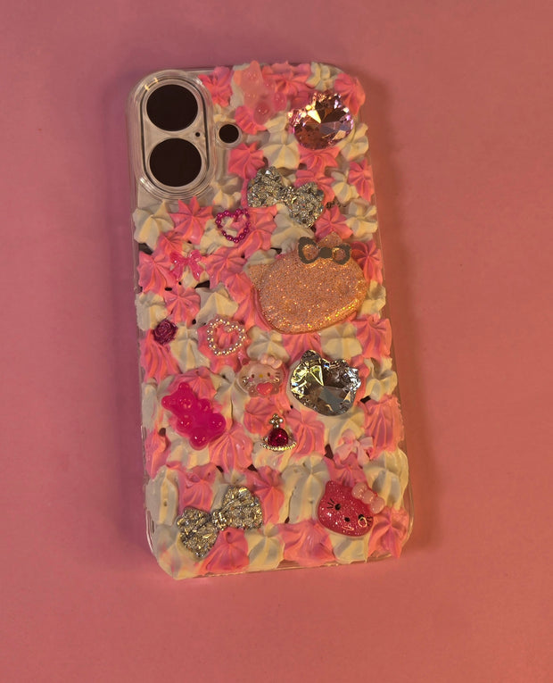 Pink Hello Kitty Junk Phone Case for IPhone 16. Custom Phone Case (Rhinestones, Pearls). Glam Luxury Phone Case