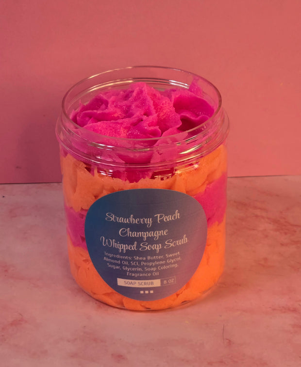 Strawberry Peach Champagne Whipped Foaming Sugar Scrub. Exfoliating Body Wash & Scrub. All Natural Shea Butter Whipped Soap and Shaving Cream.