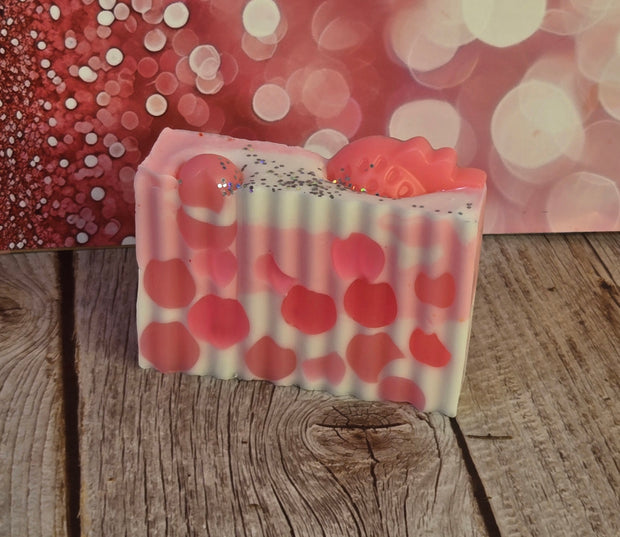 Pink Strawberry Handmade All Natural Goat Milk & Shea Butter Soap with Embeds. Makeup Brush Cleaner. Cute Handcrafted Layered Soap