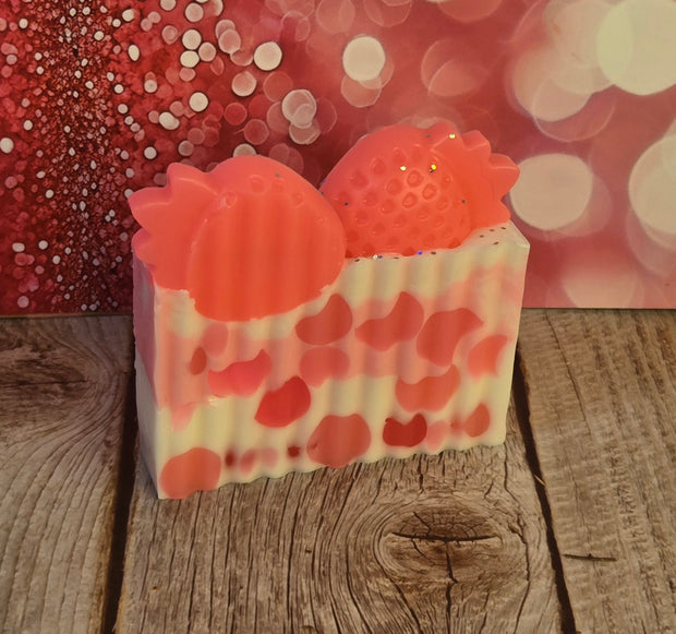 Pink Strawberry Handmade All Natural Goat Milk & Shea Butter Soap with Embeds. Makeup Brush Cleaner. Cute Handcrafted Layered Soap