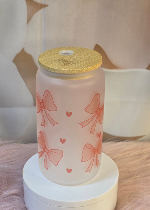 Pink Coquette Bow Frosted Glass Tumbler - 16 oz Frosted Libbey Glass with Bamboo Lid