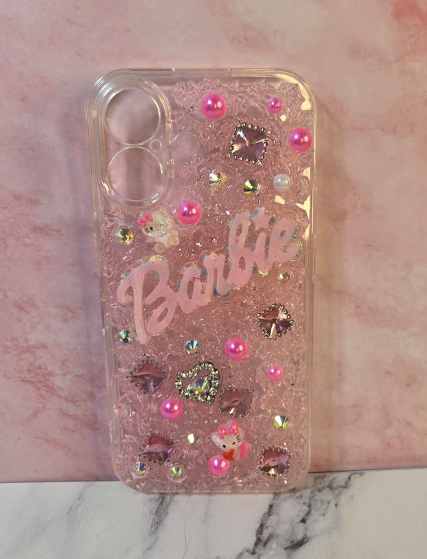 Pink Barbiecore & Hello Kitty Junk Phone Case for IPhone 16. Custom Phone Case (Rhinestones, Pearls). Glam Luxury Phone Case