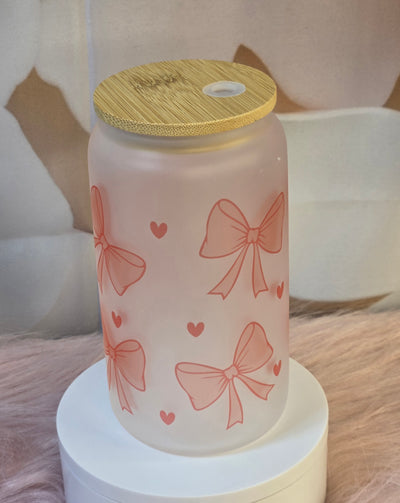 Pink Coquette Bow Frosted Glass Tumbler - 16 oz Frosted Libbey Glass with Bamboo Lid