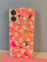 Pink Hello Kitty Junk Phone Case for IPhone 16. Custom Phone Case (Rhinestones, Pearls). Glam Luxury Phone Case