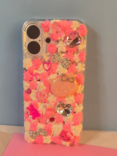 Pink Hello Kitty Junk Phone Case for IPhone 16. Custom Phone Case (Rhinestones, Pearls). Glam Luxury Phone Case