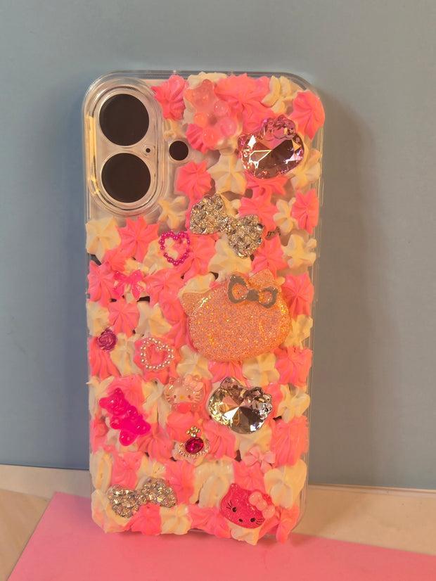 Pink Hello Kitty Junk Phone Case for IPhone 16. Custom Phone Case (Rhinestones, Pearls). Glam Luxury Phone Case