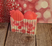 Pink Strawberry Handmade All Natural Goat Milk & Shea Butter Soap with Embeds. Makeup Brush Cleaner. Cute Handcrafted Layered Soap