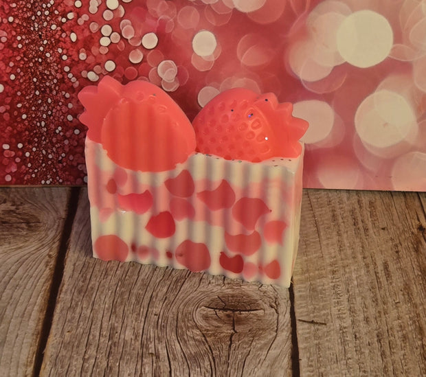 Pink Strawberry Handmade All Natural Goat Milk & Shea Butter Soap with Embeds. Makeup Brush Cleaner. Cute Handcrafted Layered Soap