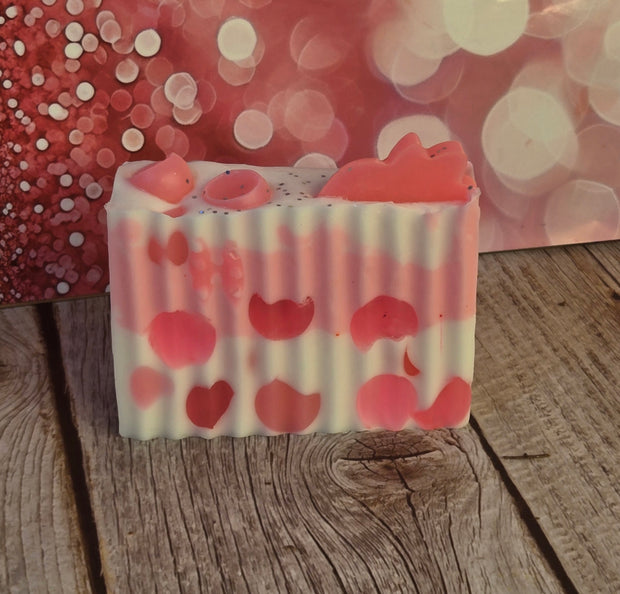 Pink Strawberry Handmade All Natural Goat Milk & Shea Butter Soap with Embeds. Makeup Brush Cleaner. Cute Handcrafted Layered Soap