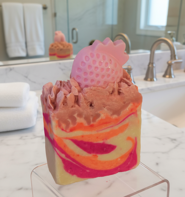 Strawberry Peach Champagne Organic Cold Process Swirl Soap with Frosting. Handmade All Natural Handcrafted Soap. Cute Swirl Soap! Pink Soap Bar. Yoni Soap