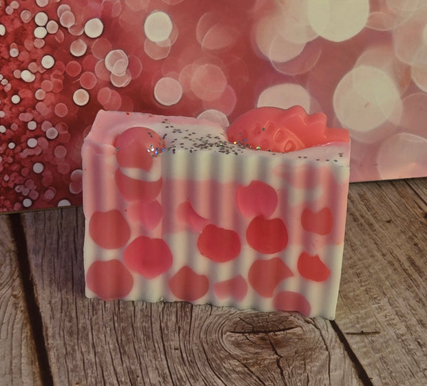 Pink Strawberry Handmade All Natural Goat Milk & Shea Butter Soap with Embeds. Makeup Brush Cleaner. Cute Handcrafted Layered Soap
