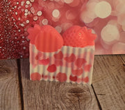 Pink Strawberry Handmade All Natural Goat Milk & Shea Butter Soap with Embeds. Makeup Brush Cleaner. Cute Handcrafted Layered Soap