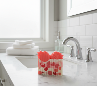 Pink Strawberry Handmade All Natural Goat Milk & Shea Butter Soap with Embeds. Makeup Brush Cleaner. Cute Handcrafted Layered Soap
