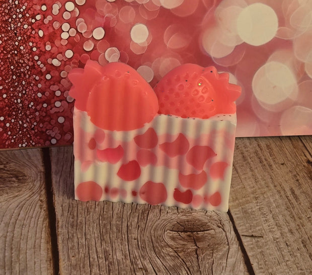 Pink Strawberry Handmade All Natural Goat Milk & Shea Butter Soap with Embeds. Makeup Brush Cleaner. Cute Handcrafted Layered Soap