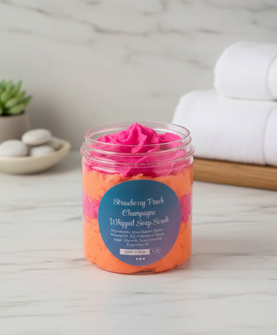 Strawberry Peach Champagne Whipped Foaming Sugar Scrub. Exfoliating Body Wash & Scrub. All Natural Shea Butter Whipped Soap and Shaving Cream.