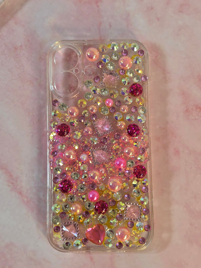 Pink Bedazzled Junk Phone Case for IPhone 16. Custom Phone Case (Rhinestones, Pearls). Glam Luxury Phone Case