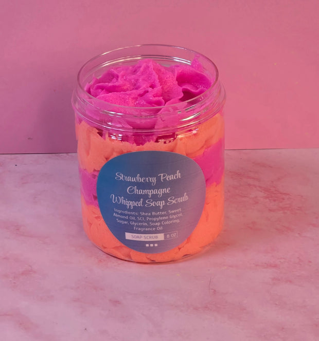Strawberry Peach Champagne Whipped Foaming Sugar Scrub. Exfoliating Body Wash & Scrub. All Natural Shea Butter Whipped Soap and Shaving Cream.