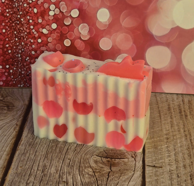Pink Strawberry Handmade All Natural Goat Milk & Shea Butter Soap with Embeds. Makeup Brush Cleaner. Cute Handcrafted Layered Soap