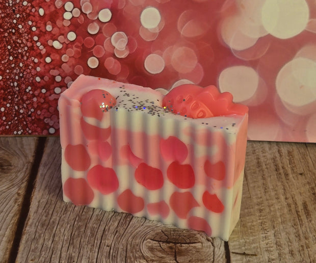 Pink Strawberry Handmade All Natural Goat Milk & Shea Butter Soap with Embeds. Makeup Brush Cleaner. Cute Handcrafted Layered Soap